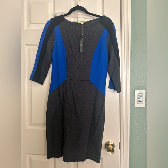 Gianni Bini Blue & Gray Long Sleeve Fitted Dress, Color-Block Style size M NWT - Picture 1 of 7